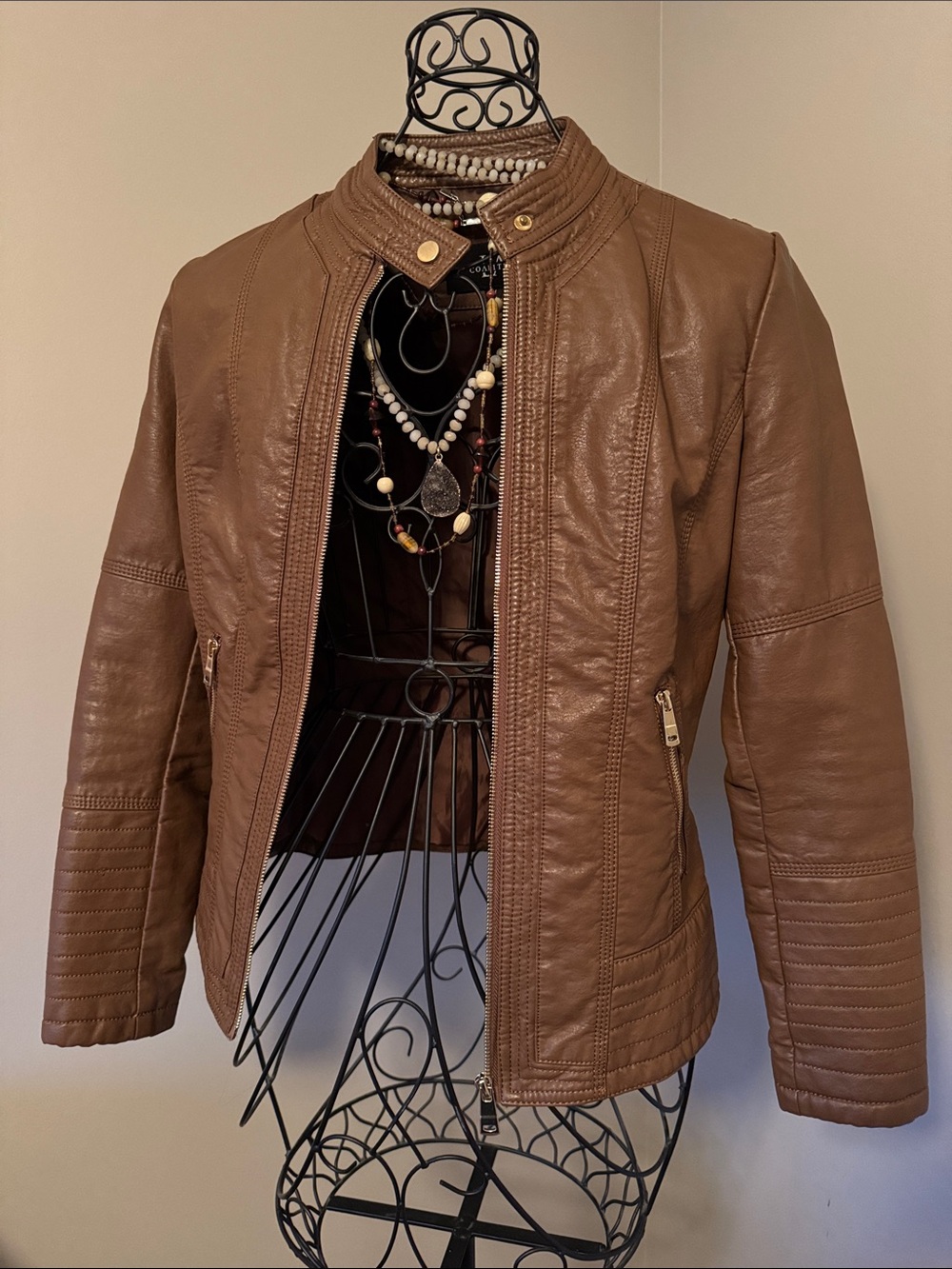Women's Brown Faux Leather Moto Jacket with Quilted Sleeves